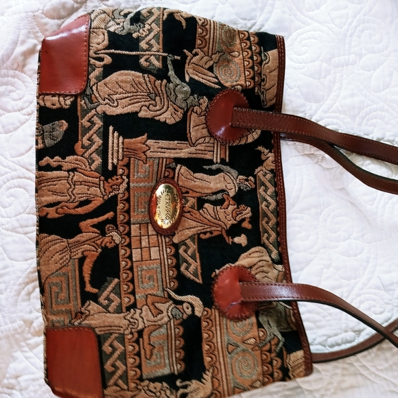 ETRUSCO VINTAGE ITALIAN MADE LEATHER & TAPESTRY SHOULDER BAG -TANS GRAYS BLACK - Picture 15 of 16